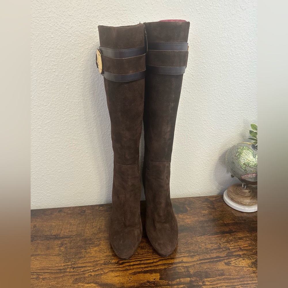 Cole Haan Dark Brown Suede Knee-High Heeled Boots with Gold Buckle - Picture 2 of 16